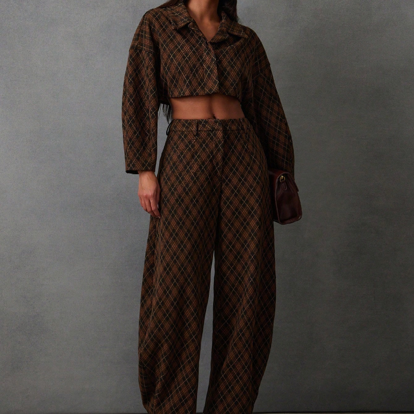 NYA SZN Thea Pants High Rise Baggy Plaid Brown Black Festive Holiday Festival Event Streetwear Casual Party Carnival Outfits For Women | SHEIN