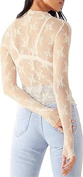 KMBANGI Women's Mesh Long Sleeve Top Mock Neck Sheer Blouse Floral Lace Layering Tops Y2k See Thr... | Amazon (US)