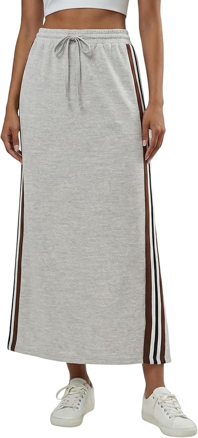 EsheSy Womens Cotton Maxi Sweat Skirt Elasitc High Waist Drawstring Side Striped Daily Practice C... | Amazon (US)