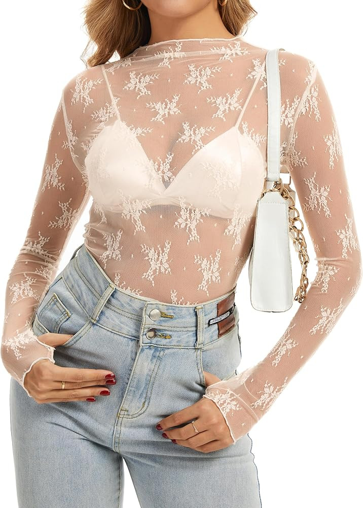Women's Long Sleeve Lace Tops Mesh Tops Sheer Layering Top Sexy Mock Neck Floral See Through Shir... | Amazon (US)