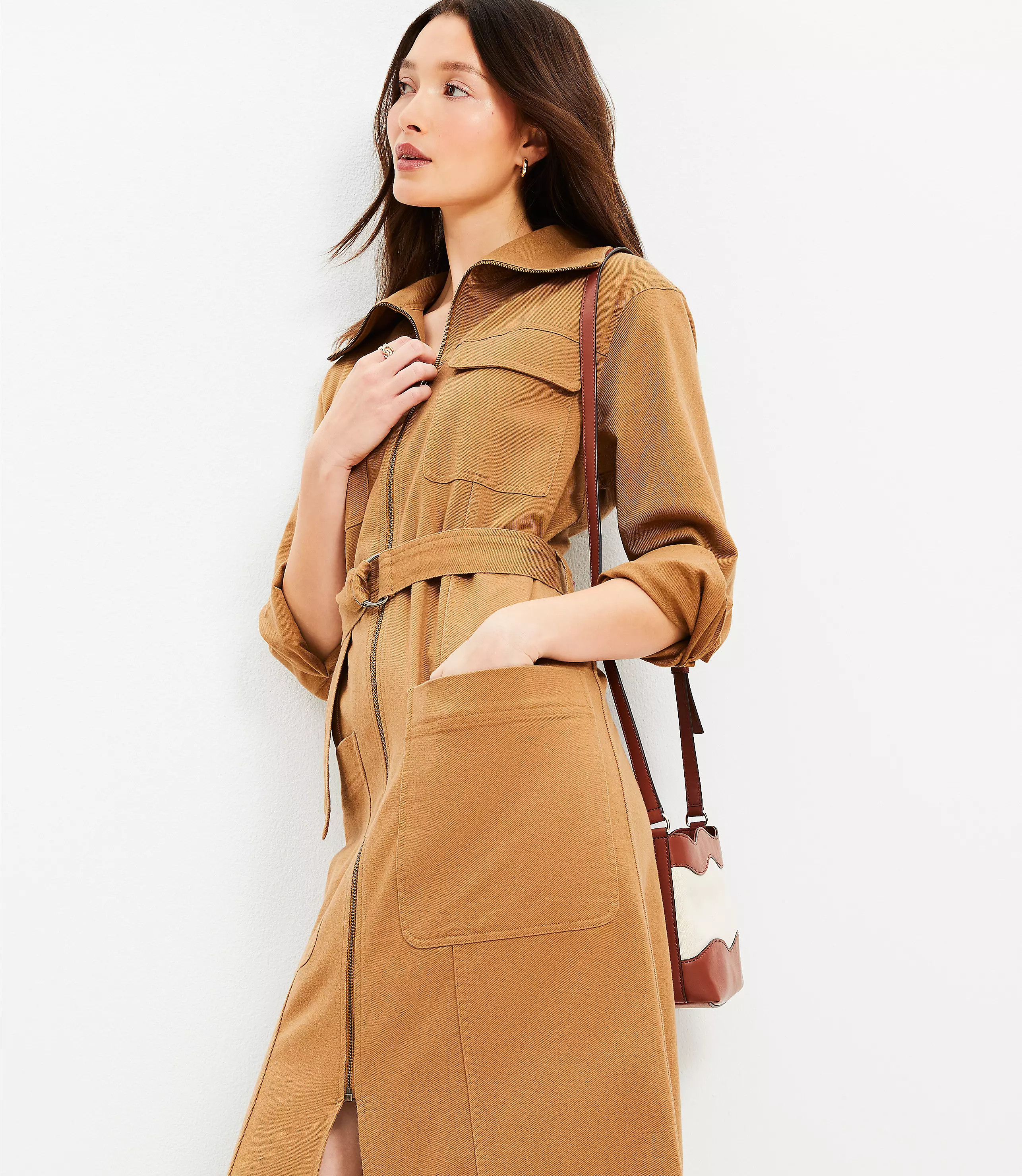 Twill Zip Midi Pocket Dress | LOFT