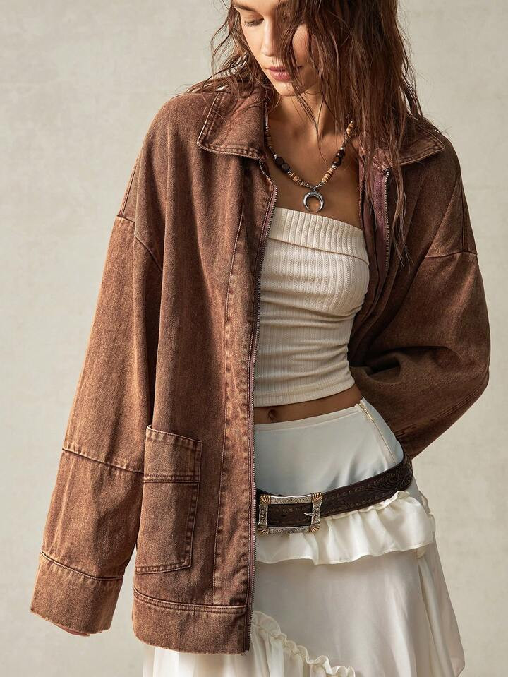 Bohemela Women's Long Sleeve Stand Collar Pocket Jacket | SHEIN