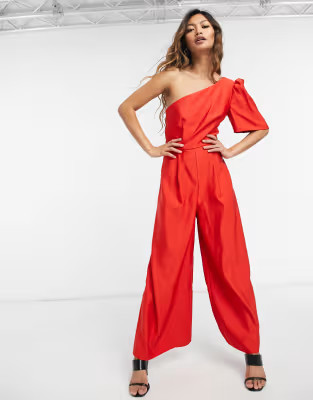ASOS DESIGN structured one shoulder jumpsuit in red | ASOS (Global)