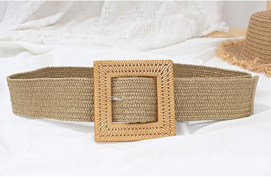 Women Skinny Dress Belt, Fashion Straw Woven Elastic Stretch Waist Band Wood Buckle Belt | Amazon (US)