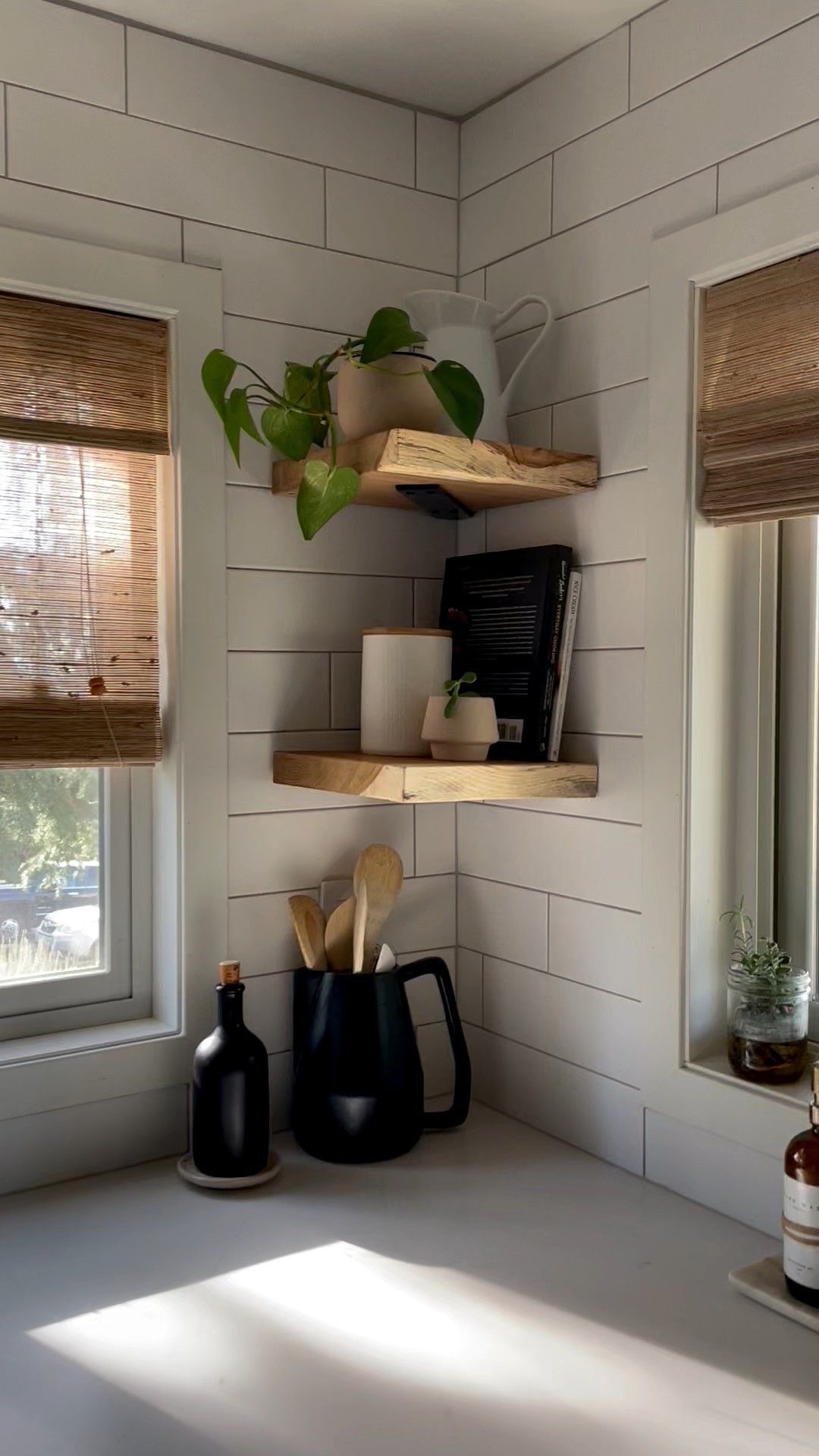 DECOR TIP: Add shelves to make the best use of a kitchen corner & make a space feel for more custom  (ps. hardware stores will cut a piece of lumber to size for free)

 

 #LTKHome
