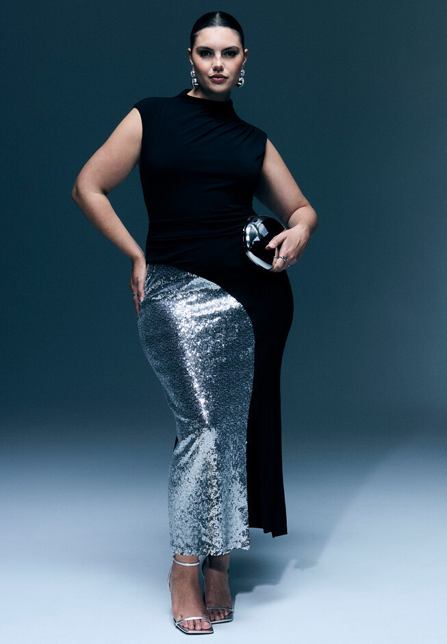 Funnel Neck Knit Dress With Sequin | Eloquii