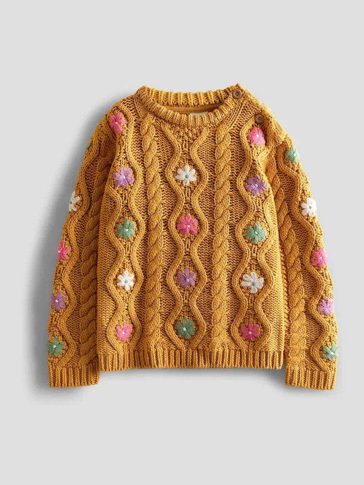 JoJo Maman Bébé Mustard Yellow Embroidered Chunky Knit Jumper | Next US