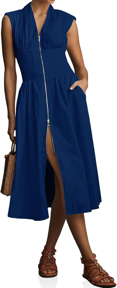 Wenrine Womens Summer Smocked Midi Dress Casual Zipper V Neck Cap Sleeve High Slit Flowy Long Dre... | Amazon (US)