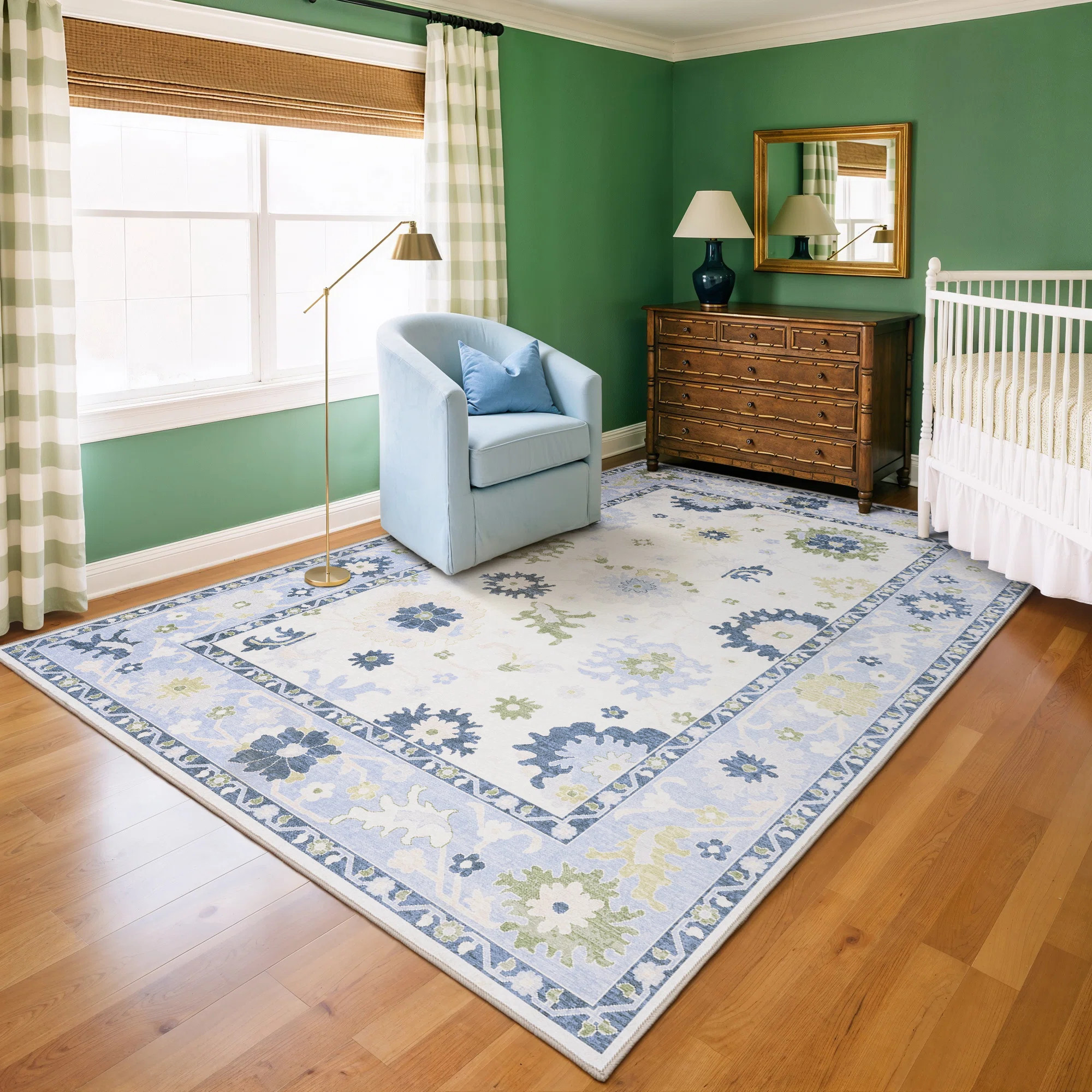 Kugler Floral Traditional White/Blue Printed Washable Flat Pile Area Rug | Wayfair North America