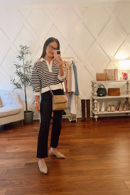 Casual fall outfit idea - cropped jeans - stripe sweater $34 and flats / loafers 