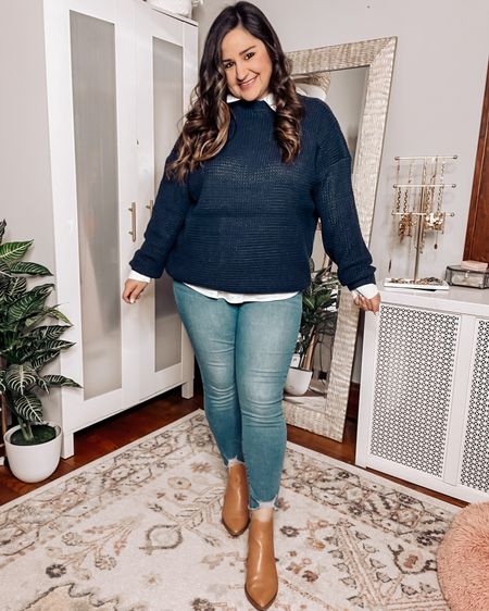 Wearing an L in the white button up
Wearing a 12 in the skinny jeans
Linked similar navy blue sweaters and camel boots

Walmart jeans, amazon top, office casual, work outfit, casual outfit 

#LTKcurves #LTKFind #LTKworkwear