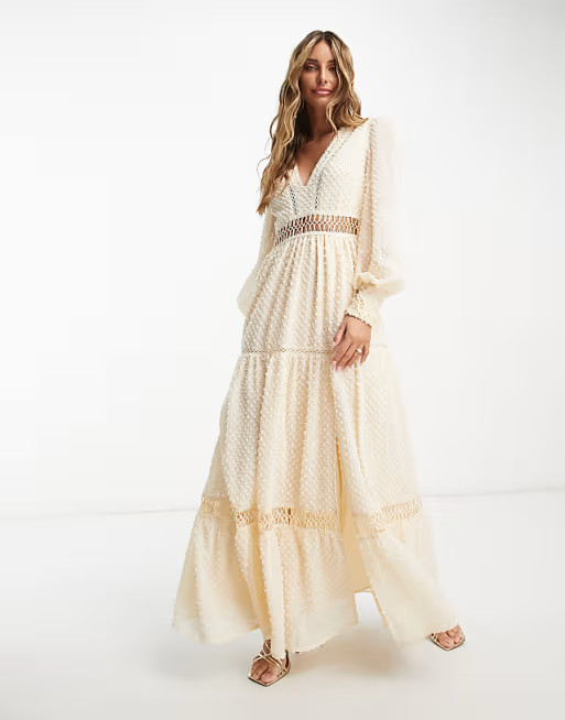 ASOS DESIGN tufted textured lace insert maxi dress in cream | ASOS (Global)