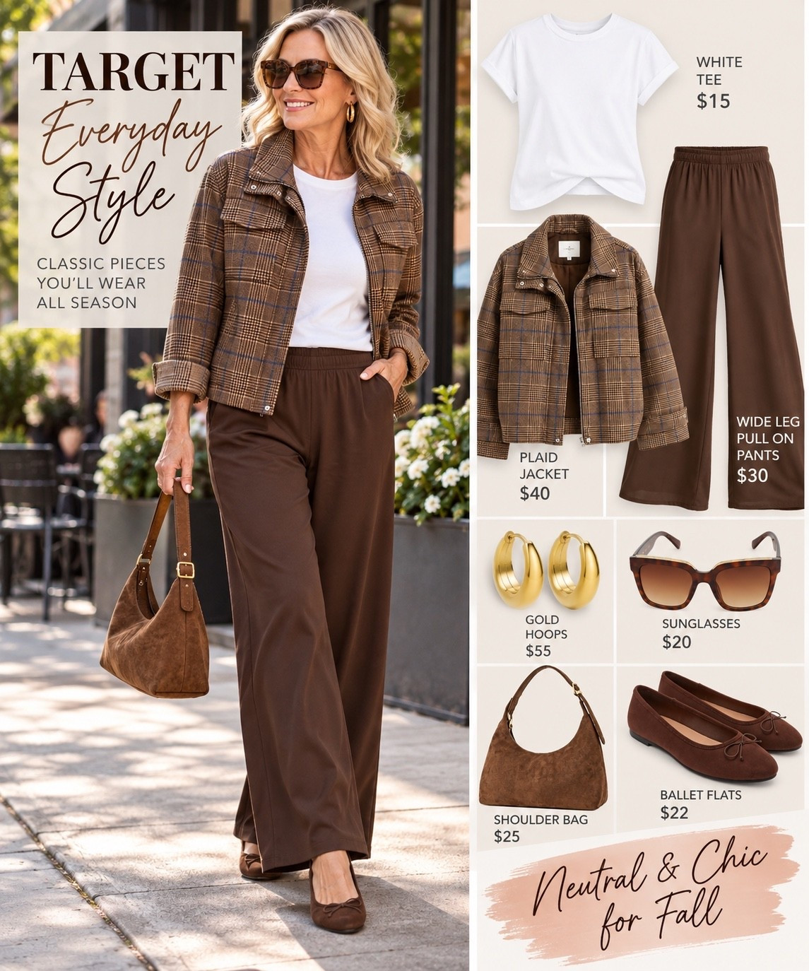 Target fall style 🤎🍂

This is the kind of outfit I love—comfortable, polished, and so easy to wear. A simple white tee paired with chocolate brown wide-leg pants and a plaid jacket makes such a pretty fall combination. Add the brown ballet flats, suede-look bag, gold hoops and sunglasses and the whole look comes together.

Everything is from Target and linked right here in my LTK! 🤎

#TargetStyle #FallOutfit #Over60Style #MatureStyle #FallFashion

#LTKootd #LTKgrwm #LTKOver40