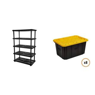 HDX 48 in. x 75 in. 5-Tier Black Shelving Unit and 27 Gal. Black and Yellow Storage Tote (8-Count... | The Home Depot