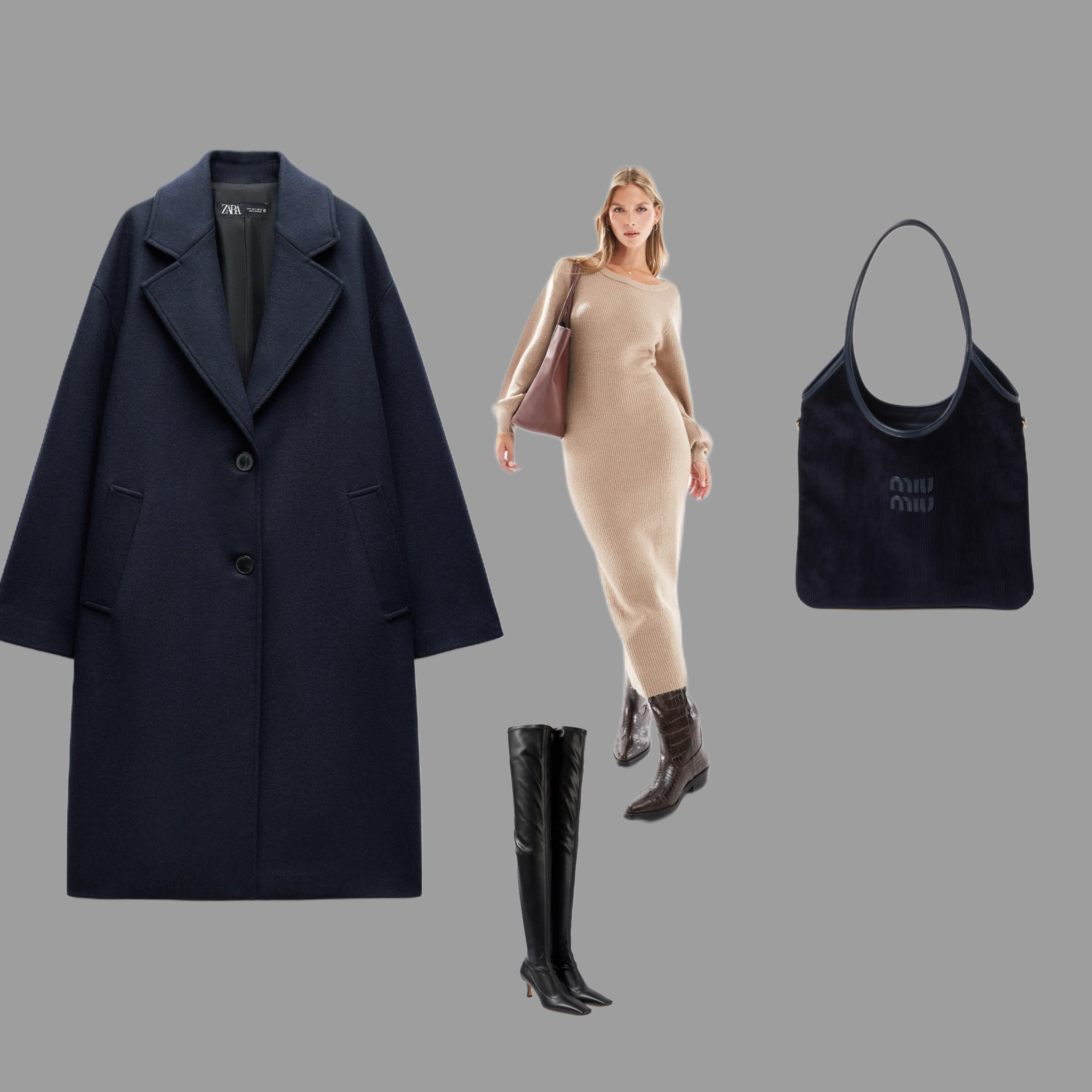 
	1.	Zara Oversized Wool Coat – A timeless oversized coat in deep navy, perfect for layering over any winter look. Chic, warm, and effortlessly stylish.
	2.	Miss Selfridges Knit Dress – A soft, figure-hugging knit dress in a neutral beige tone. The perfect piece for cozy elegance, day or night.
	3.	Miu Miu Ivy Corduroy Bag – A luxe yet understated everyday bag with a soft corduroy texture. Spacious, stylish, and versatile for any outfit.
	4.	Black Knee-High Leather Boots – Sleek and sophisticated, these pointed-toe knee-high boots elevate any outfit with a refined edge.

#LTKStyle #WinterWardrobe #ChicEssentials #EffortlessFashion #OOTD

#LTKsale #LTKFashionMonth #LTKshoes