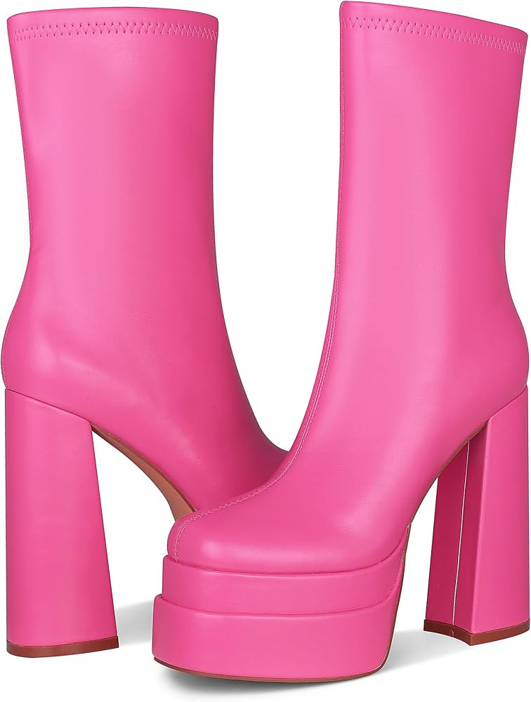 Mattiventon White Platform GoGo Boots for Women Chunky High Heels Knee High Stretch Boots | Amazon (US)