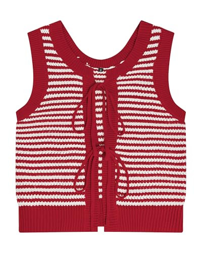 Tanou Sweater Vest for Women Casual Sleeveless Crew Neck Tie Crochet Color Block Vest Summer Knitted Tank Tops Red | Amazon (US)