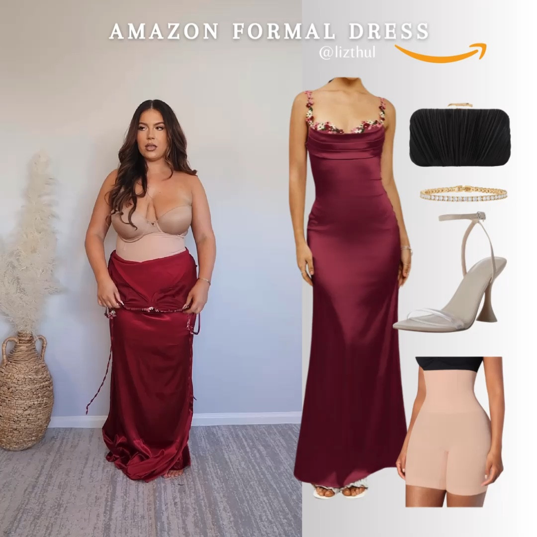 This satin stretch dress is absolutely STUNNING for a wedding or formal event! The stitched flowers is such a beautiful detail! I sized up to a XL! This dress is tall girl friendly as I am 5’5” and it’s quite long on me, so you may have to get the dress hemmed but it’s definitely worth it! ❤️