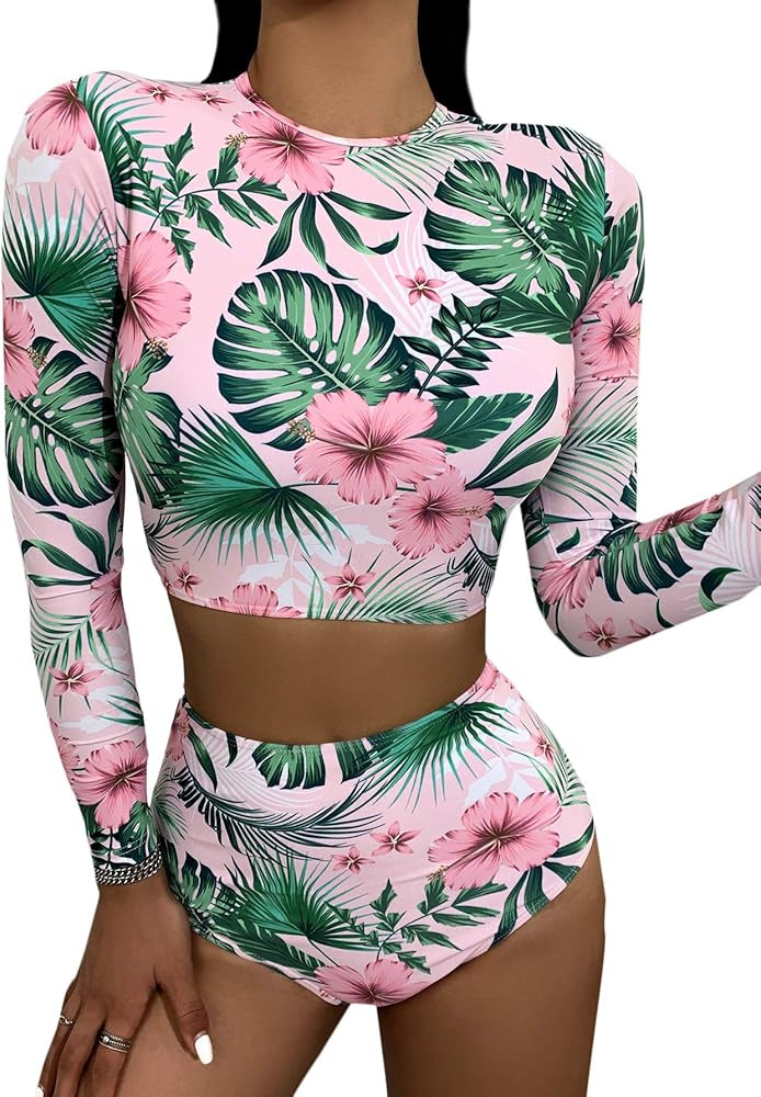Floerns Women's 2 Piece Tropical Print Long Sleeve High Neck Bikini Swimsuit | Amazon (US)