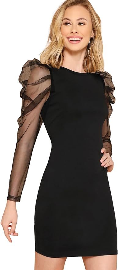 Floerns Women's Contrast Mesh Gigot Long Sleeve Bodycon Party Mini Dress | Amazon (US)