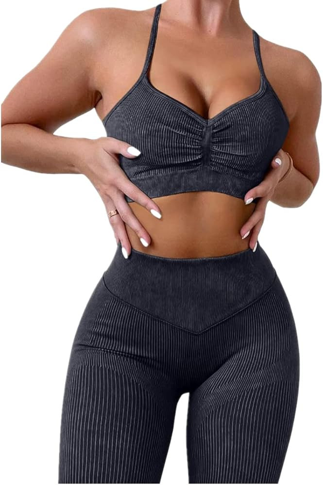 ABOCIW Workout Sets for Women 2 Piece Ribbed Seamless High Waist Scrunch Butt Leggings with Sport... | Amazon (US)