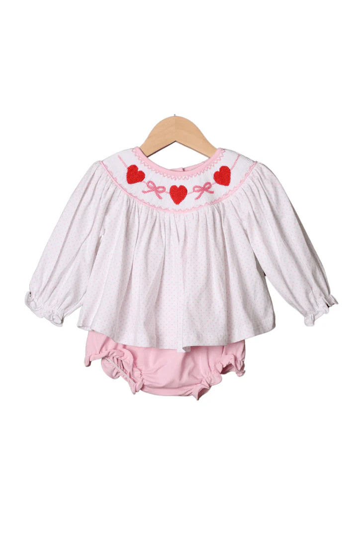 Smocked Classic Bow and Heart Pink Bitty Dot Bloomer Set | The Smocked Flamingo