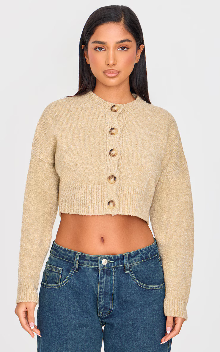 Petite Oatmeal Knitted Button Up Cardigan | PrettyLittleThing US