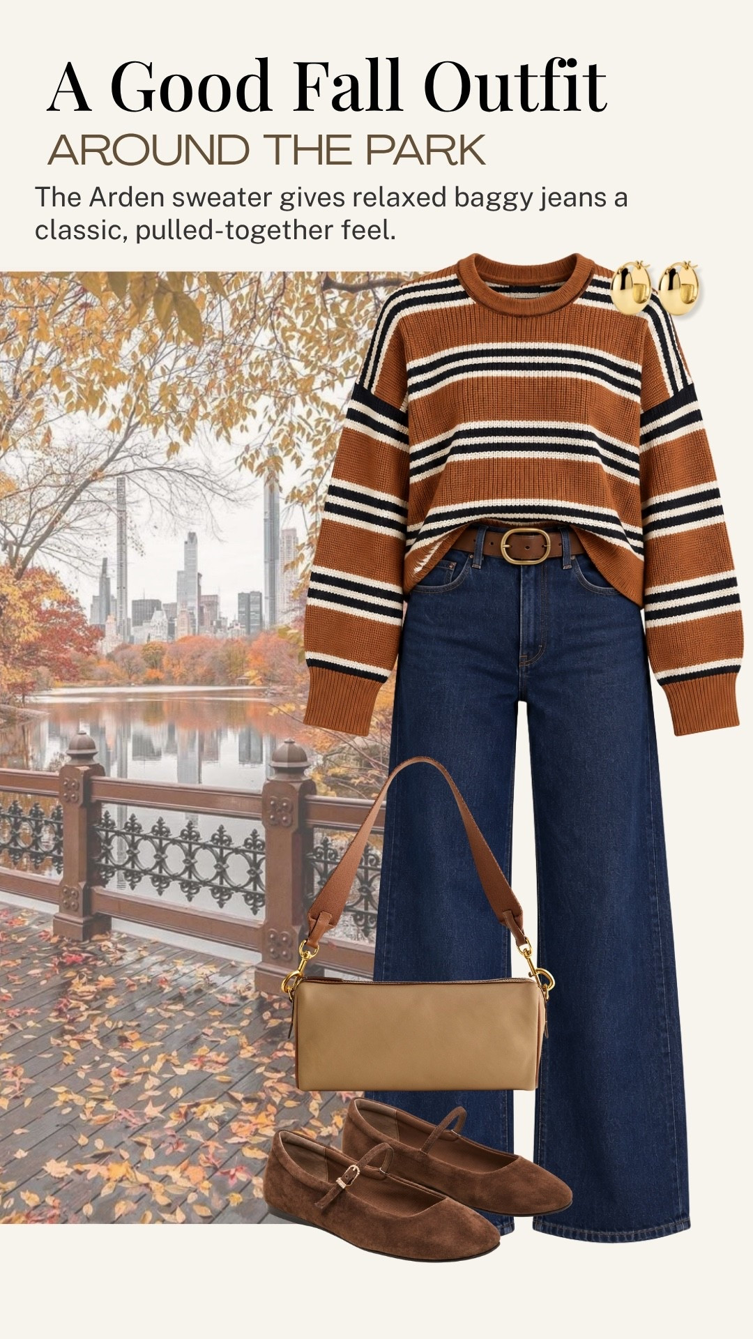This is such an easy fall outfit, the striped Arden sweater brings warmth and color to classic baggy jeans, while the brown accessories pull everything together. I love this combination for a relaxed day around the park or running errands when you want to feel comfortable but still pulled together.

#LTKgrwm #LTKootd #LTKOver40
