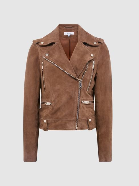 Reiss Tan Santiago Suede Biker Jacket | Reiss UK