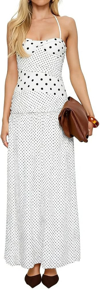 Women Polka Dot Maxi Dresses Halter Backless Patchwork Flowy Party Vacation Dress | Amazon (US)