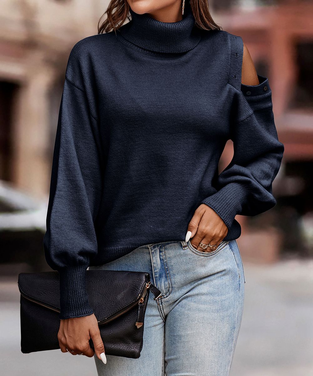 Supreme Fashion Women's Pullover Sweaters NAVY - Navy Turtleneck Cutout Top - Women | Zulily