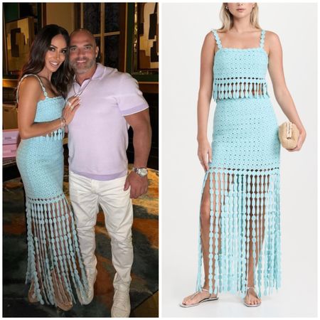 Melissa Gorga’s Blue Fringe Two Piece Set is from Envy by MG (search Ellie Set) 📸 = @melissagorga