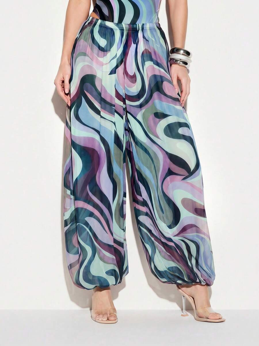 KIZN Beach Cover Up Swirl Print Wide Leg Balloon Trousers Vacation Resort Swimwear Cover Up Pants... | SHEIN