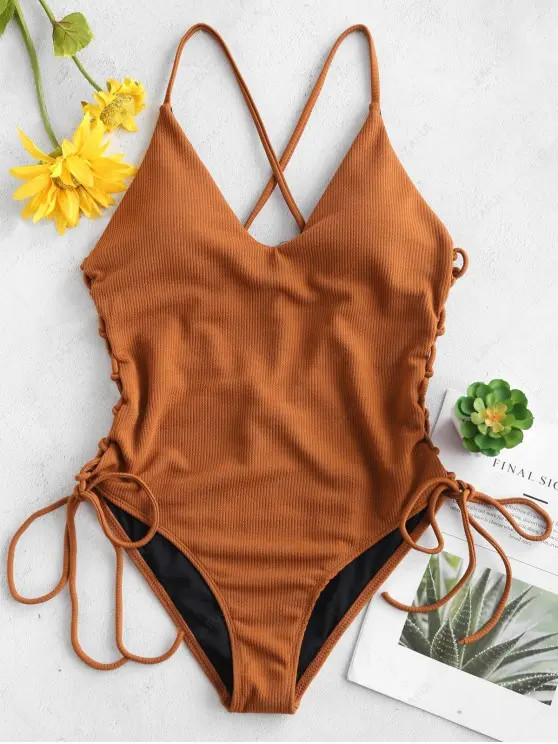 Lace-up Cross High Cut Swimsuit   BROWN RED WINE WHITE | ZAFUL (Global)