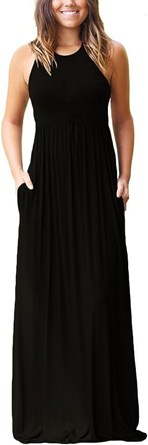 Euovmy Women's Sleeveless Dress Casual Plain Loose Summer Long Maxi Dresses with Pockets | Amazon (US)