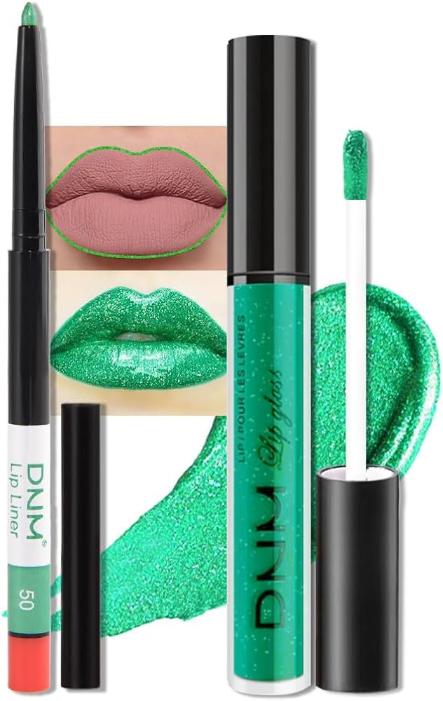 evpct 2Pcs Green Shimmer Glitter Shiny Liquid Lipstick Lip Gloss Stain and Retractable Lip Liner ... | Amazon (US)