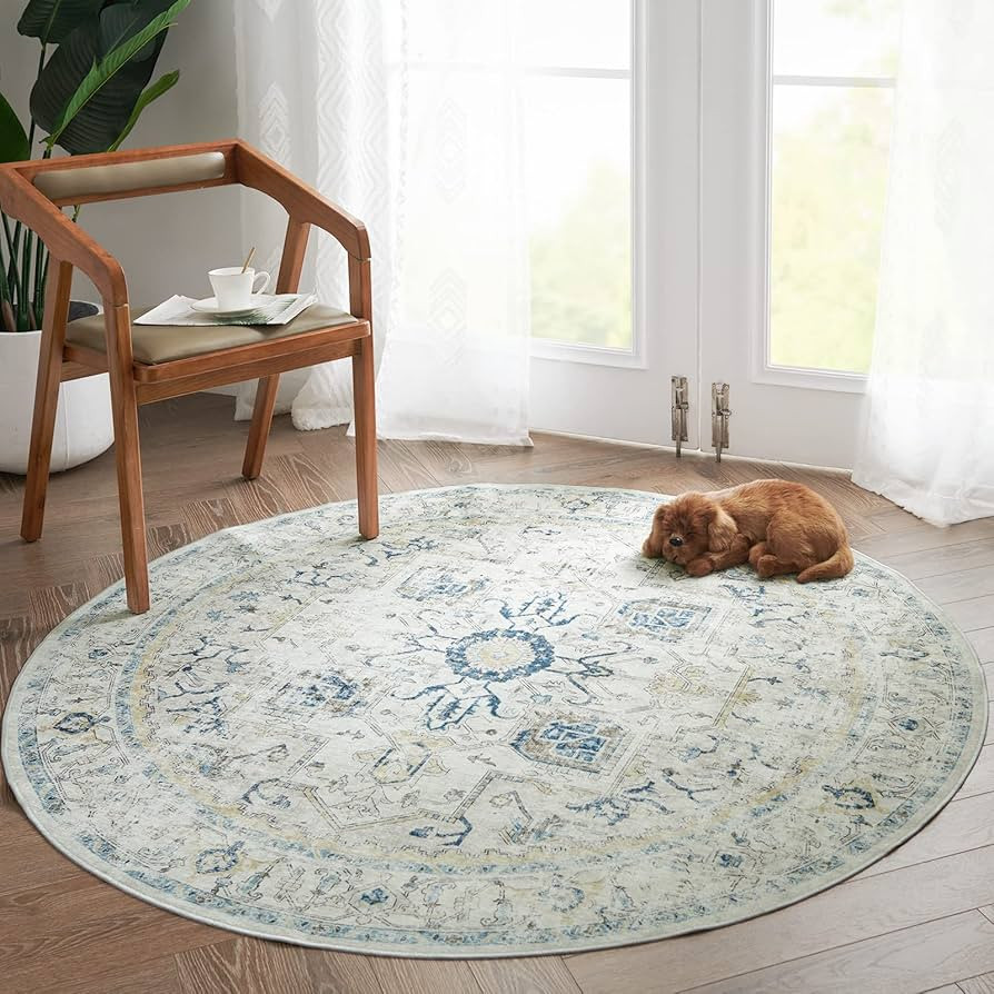 jinchan Round Rug 5ft Washable Rug Area Rug Vintage Rug Indoor Floor Cover Print Distressed Light... | Amazon (US)