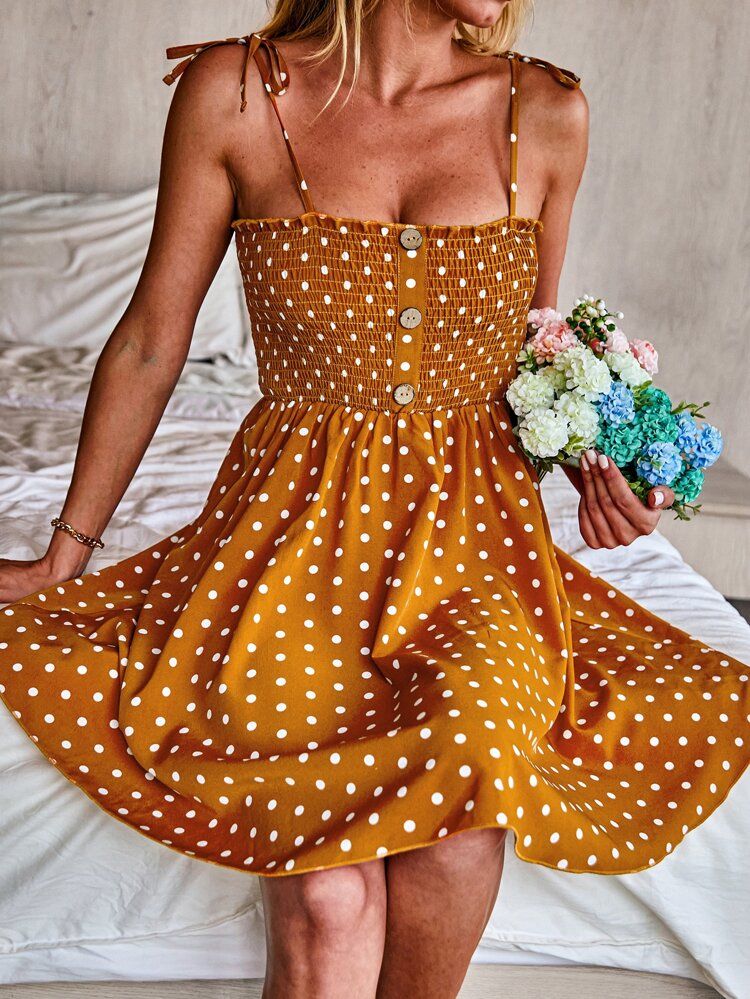 Polka Dot Shirred Cami Dress | SHEIN