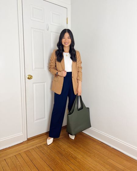 Camel blazer (2)
White tank top (XS)
Navy pants (27P)
Olive green tote bag
Cuyana System tote
White pumps (1/2 size up)
Business casual outfit
Smart casual outfit
Neutral outfit
Work outfit
LOFT outfit

#LTKsalealert #LTKworkwear #LTKstyletip