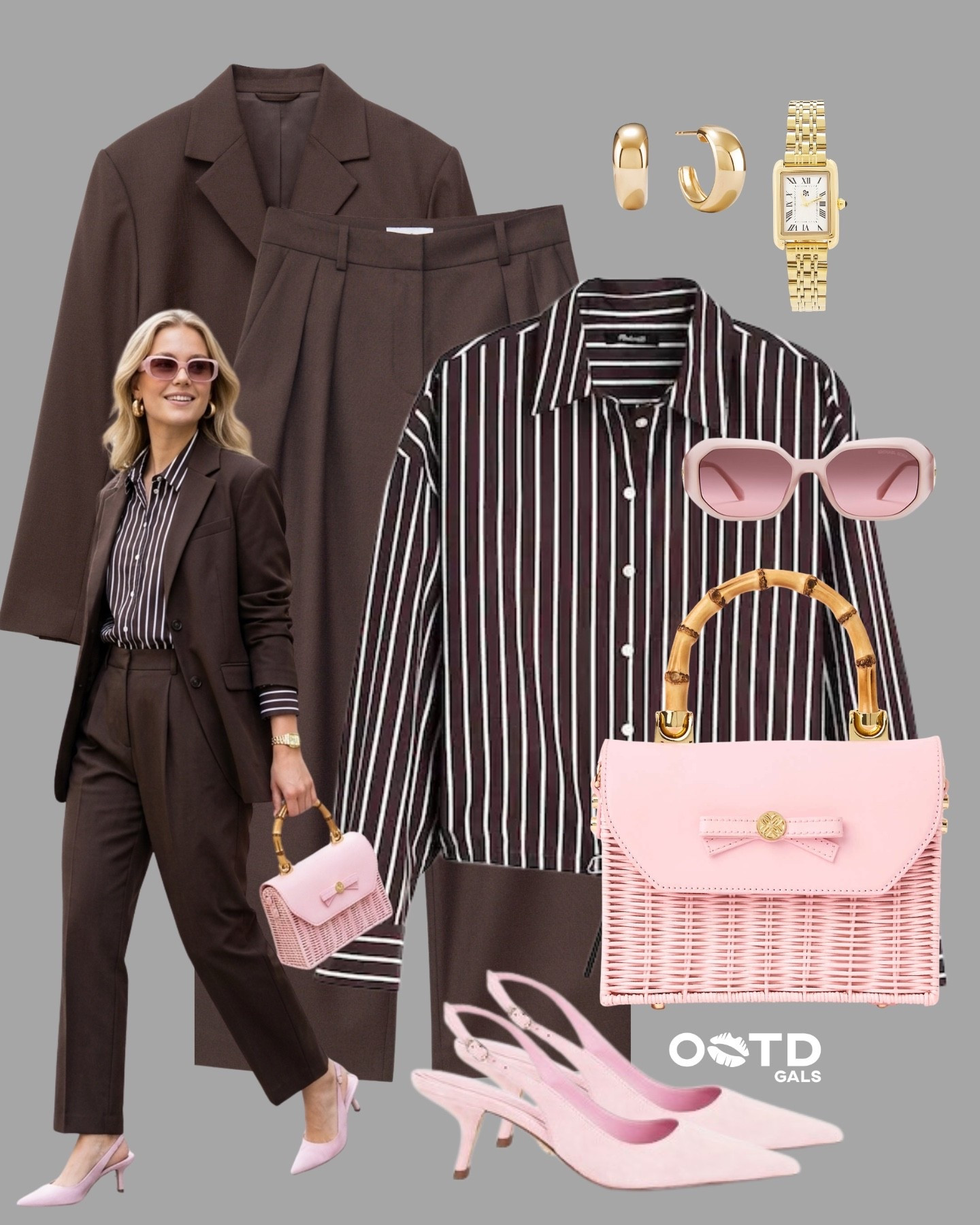 Power dressing, but make it soft 🤎🌸

A rich chocolate suit paired with delicate blush details creates the perfect balance between strong and feminine.

Tailored, elevated, and just a little playful.

✨ Style Details:
• Chocolate brown tailored blazer + trousers for a sleek base  
• Striped button-down to add dimension and contrast  
• Blush pink slingback heels for a soft, elegant touch  
• Matching structured mini bag for a polished finish  
• Gold watch & hoops to keep it refined  
• Pink sunglasses for that subtle statement  

Strong silhouette, soft accents… the perfect combo ✨

#LTKStyle #LTKWorkwear #ChicOutfits

#LTKSeasonal #LTKootd #LTKgrwm