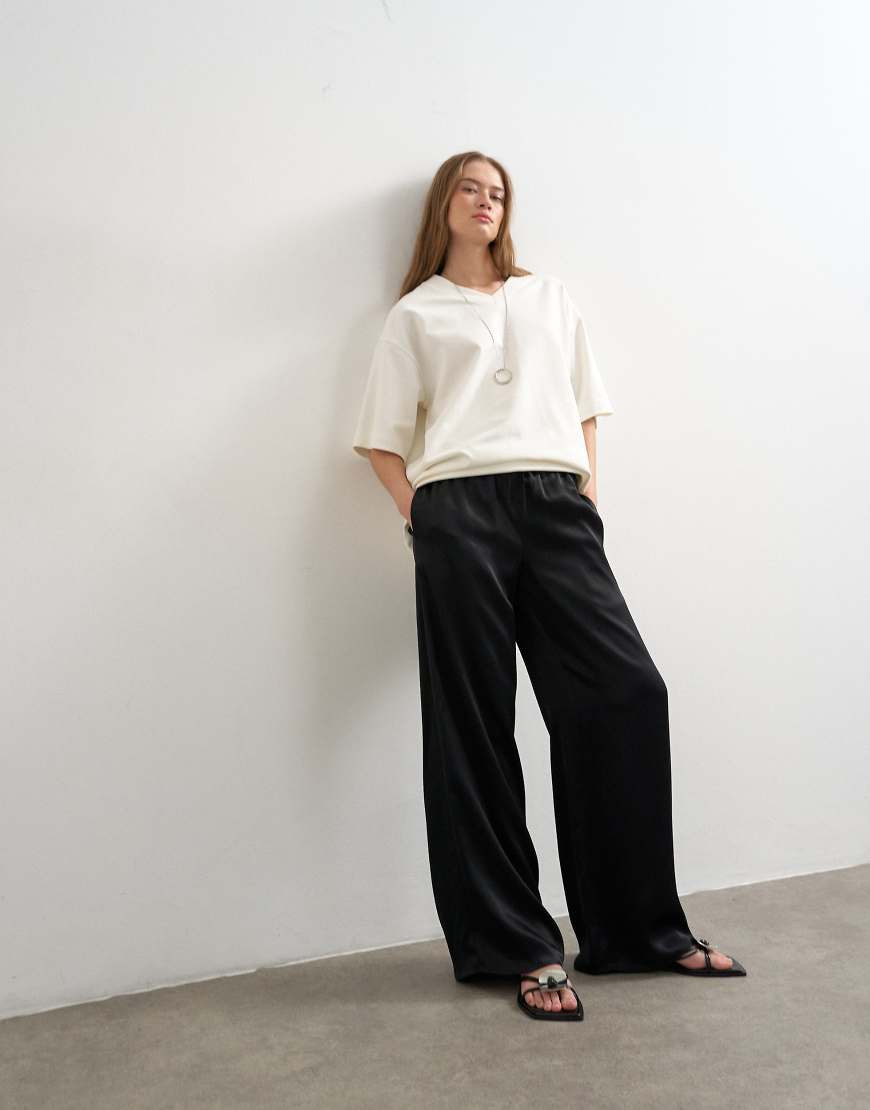 Topshop plain satin tie waist wide leg trouser in black | ASOS (Global)