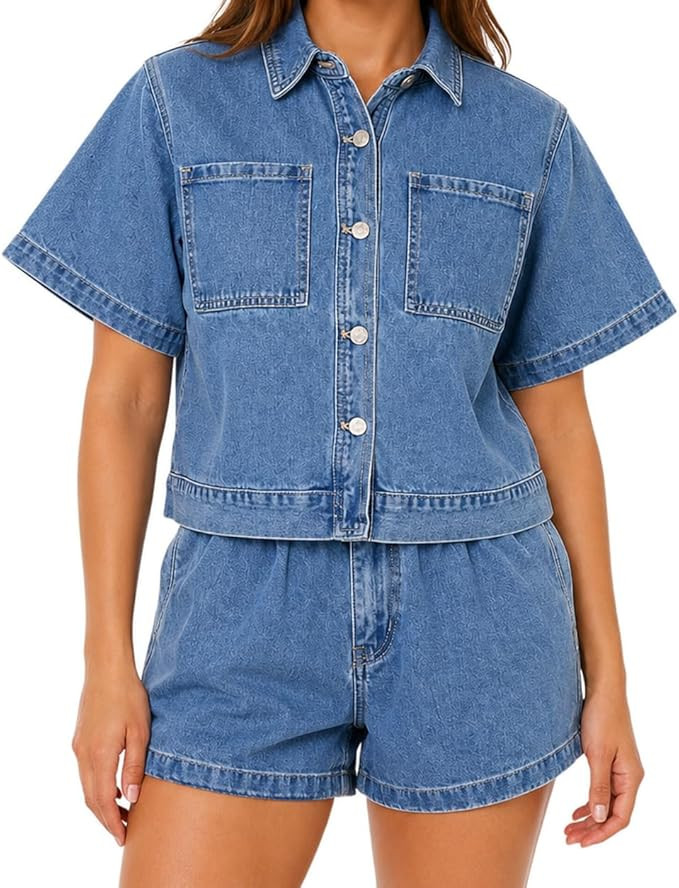 Women's Denim 2 Piece Set Short Sleeve Button Down Top And High Waist Jean Shorts Summer Matching... | Amazon (US)