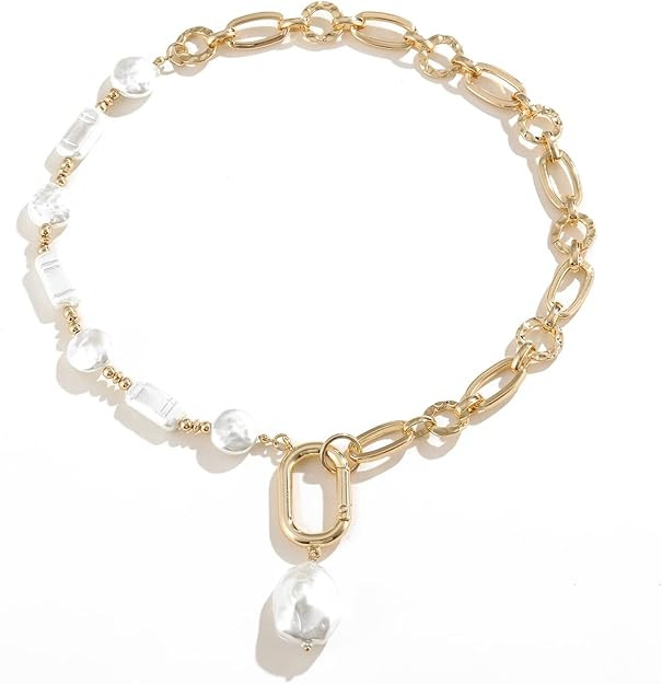 Statement Pearl and Chain Necklace,Mixed Chain and Trendy Organic Pearl Choker,Chunky Necklaces f... | Amazon (US)