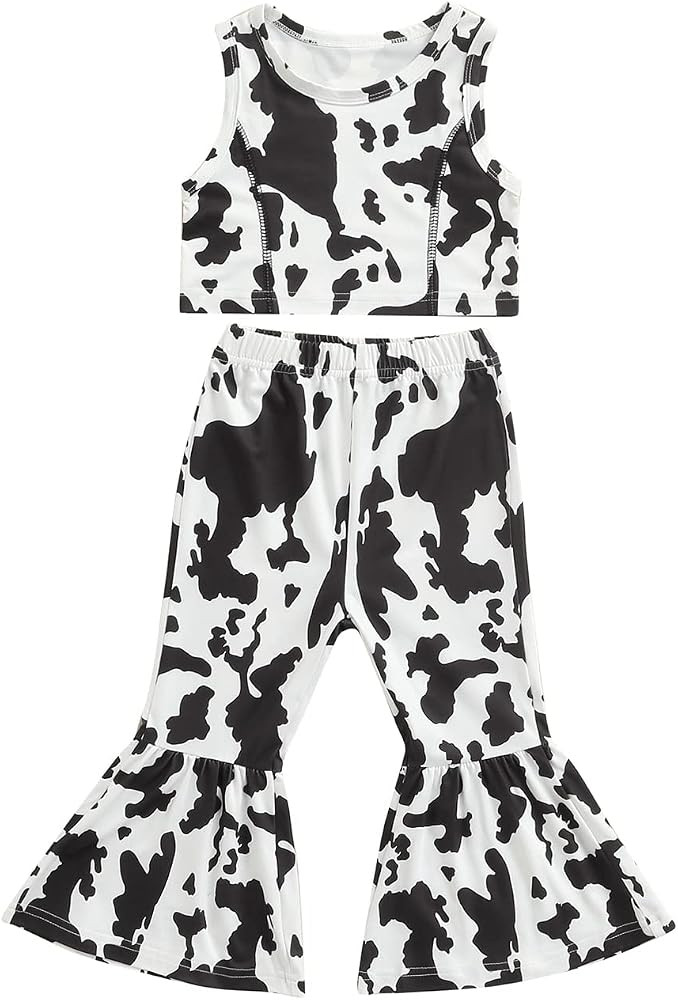 Emmababy Cow Print Bell Bottoms Outfit Toddler Girl Short Sleeve Letter Print T-Shirt Floral Flar... | Amazon (US)