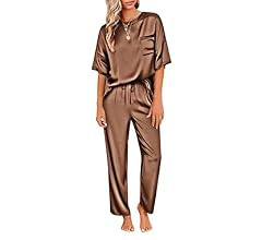 Ekouaer Womens Satin Silky Pajama Set Short Sleeve Shirt with Long Pajama Pant Set ... | Amazon (US)
