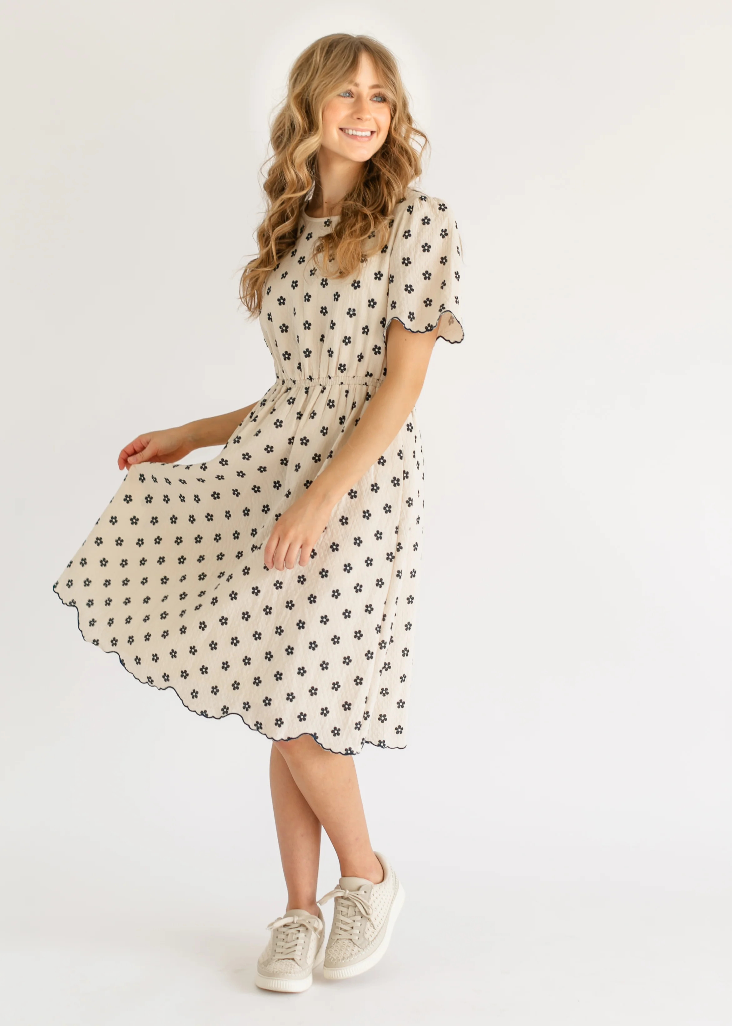 Scallop Edge Navy Floral Midi Dress | Inherit Clothing Co.