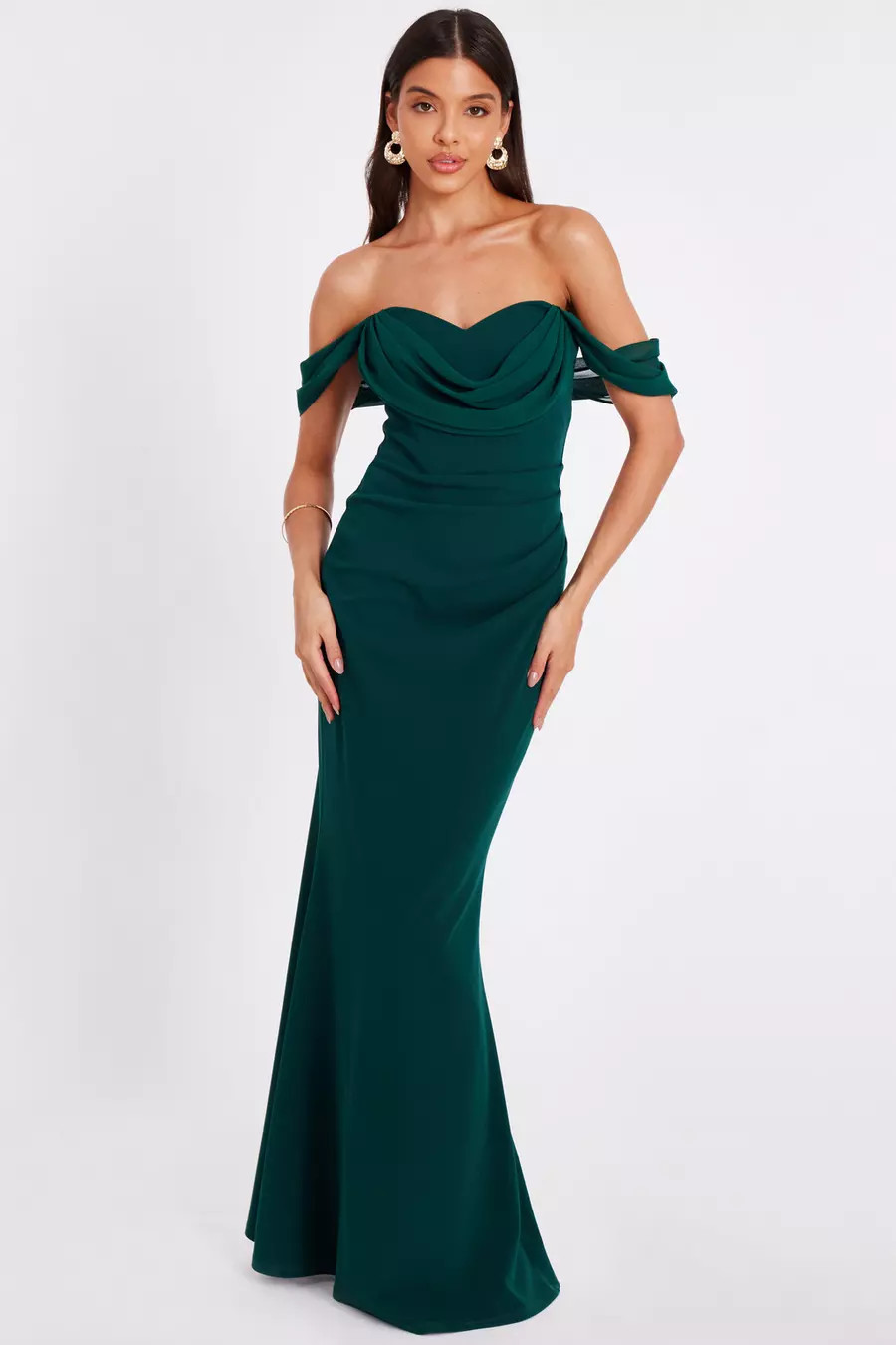 Bottle Green Chiffon Bardot Maxi Dress | Quiz Clothing
