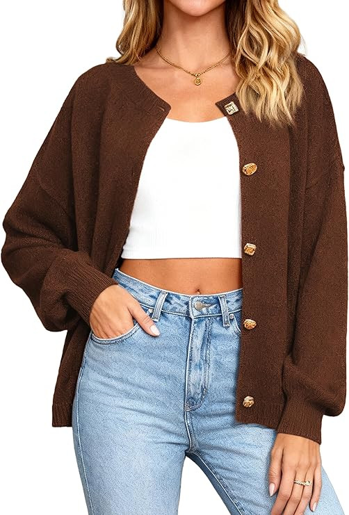 MASCOMODA Fall Long Sleeve Cropped Cardigan Sweaters for Women Trendy Crewneck Open Front Gold Bu... | Amazon (US)