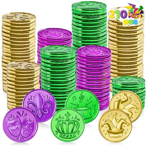 JOYIN 210 PCS Mardi Gras Coins, Green Purple Gold Plastic Coins Mardi Gras Decorations for Party Favors Supplies, Costume Accessories, Mardi Gras, Masquerade, Accessories | Amazon (US)
