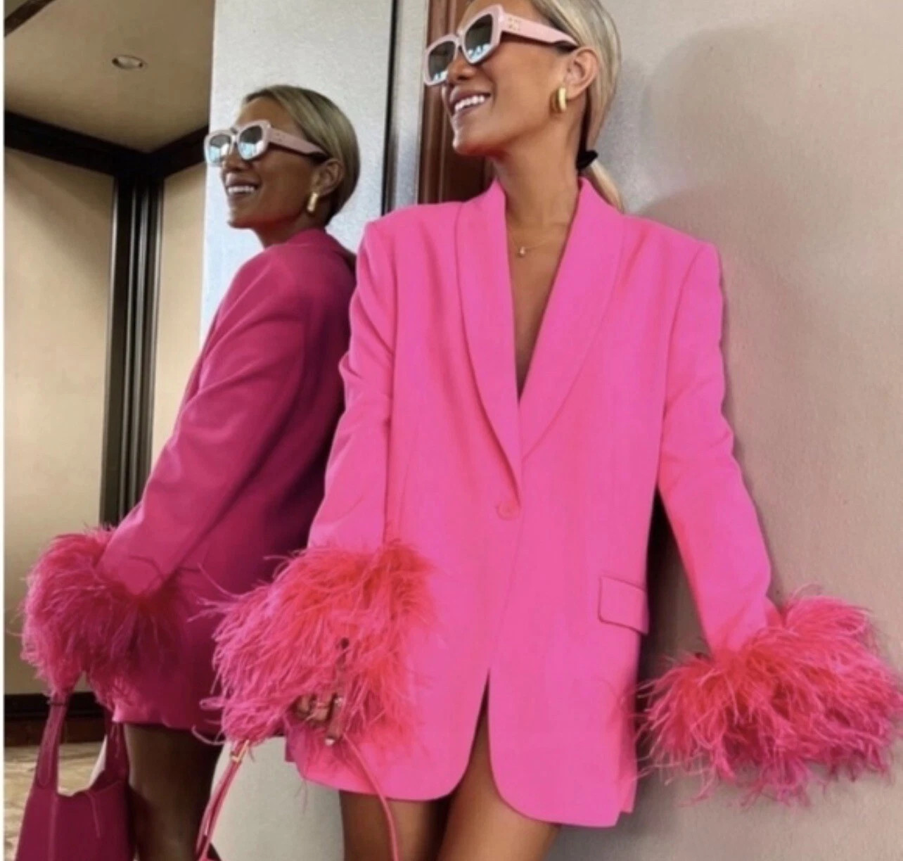ZARA Hot Pink Blazer Feather Cuffs Blogger Favorite S Party  | eBay | eBay US